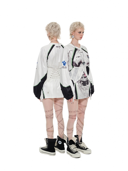 Big Cat Face Print Satin Long Sleeve – American Street V-Neck Sports Tee