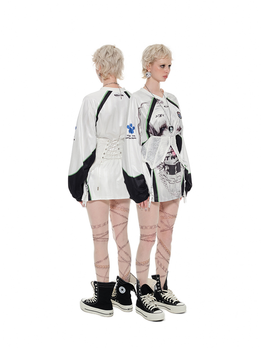 Big Cat Face Print Satin Long Sleeve – American Street V-Neck Sports Tee