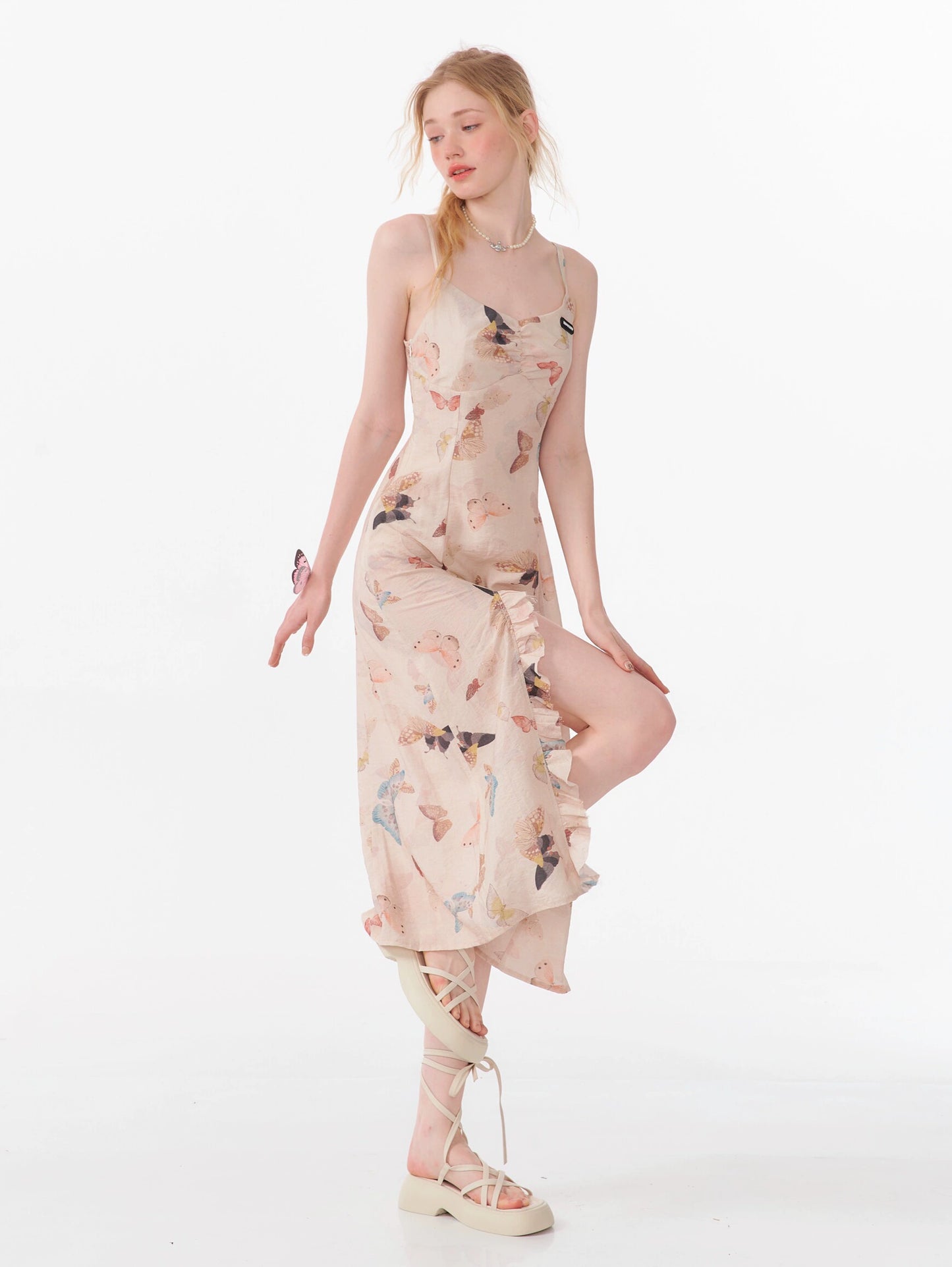 Butterfly Print Strap Dress | High-End Summer Retro Design