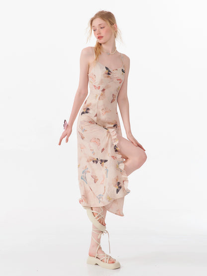 Butterfly Print Strap Dress | High-End Summer Retro Design