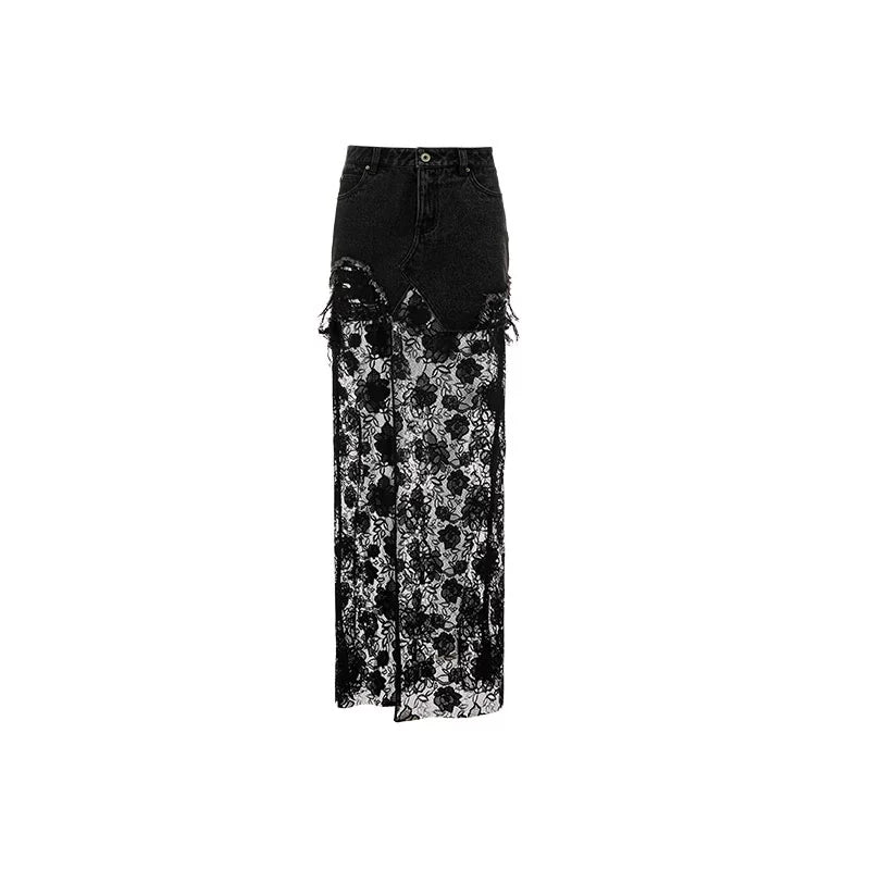 French Lace Panel Denim Maxi Skirt – Sheer Feminine Design