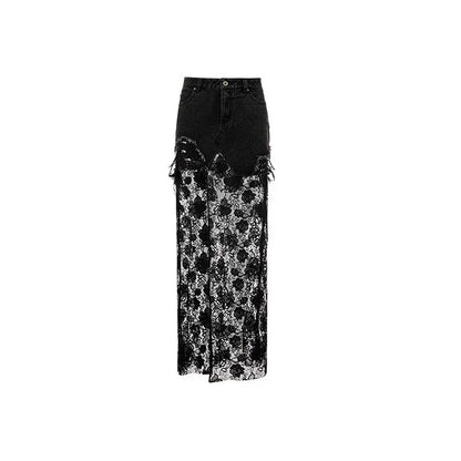 French Lace Panel Denim Maxi Skirt – Sheer Feminine Design