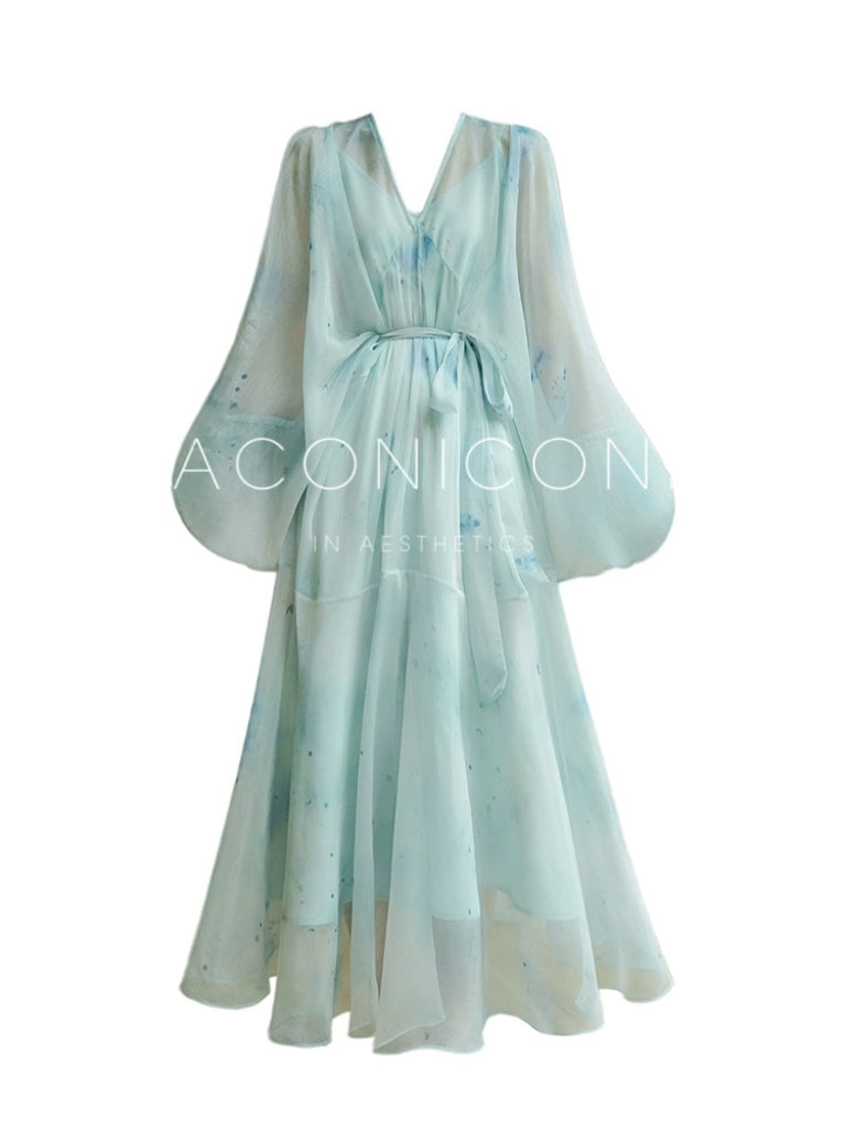 V-Neck Smudge Print Fairy Dress – Soft French Mood