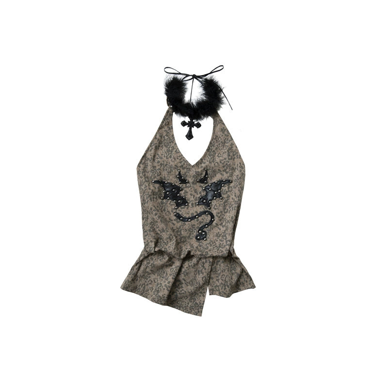 Gilet con rivetti con stampa leopardata |. Design retrò con ricamo diavolo punk