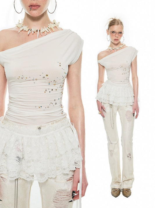 One-Shoulder Twisted Irregular Pleated T-Shirt – Studded Detail for Edgy Looks