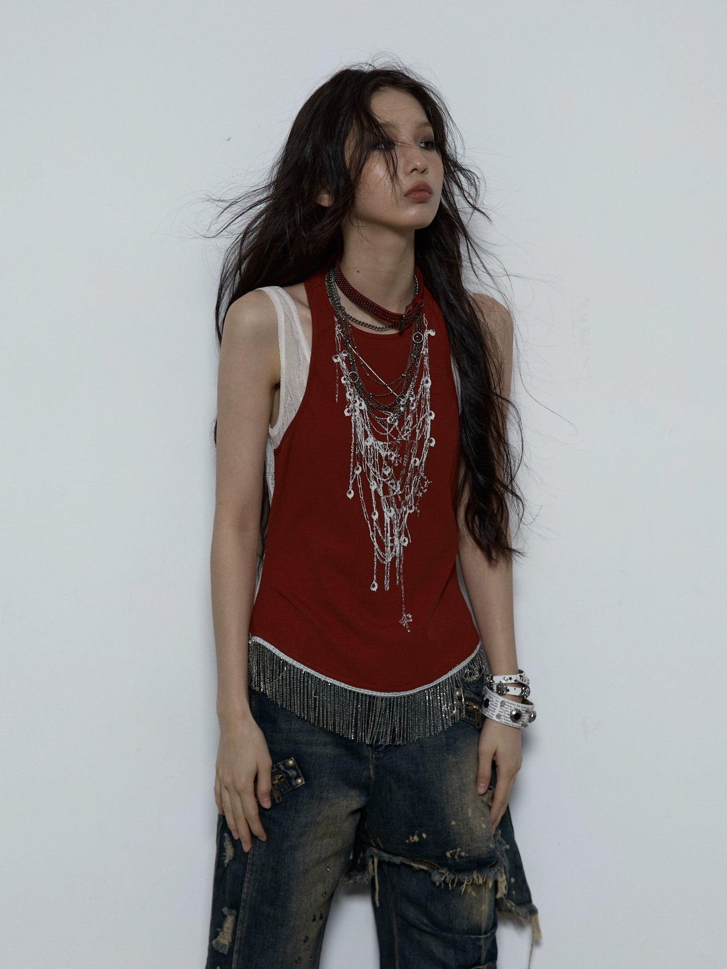 Chain Tassel Tank Top | Rebellious Punk Fake Two-Piece Design