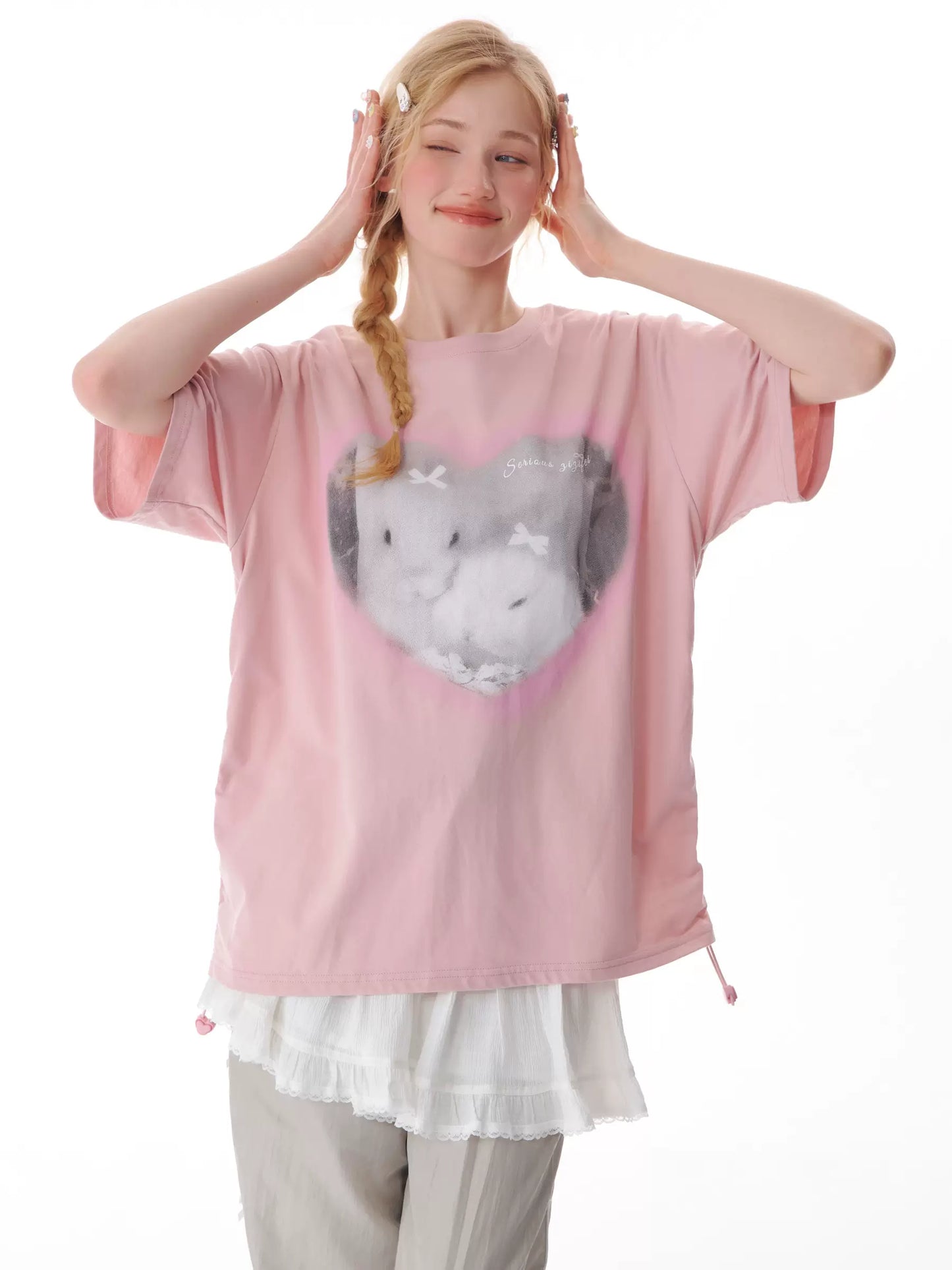 T-shirt con coulisse stampata Love Rabbit |. Top estivo da donna con collo rotondo e vestibilità ampia