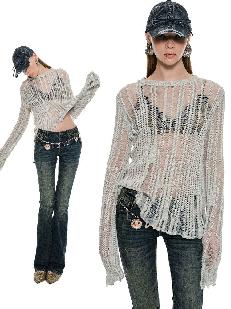 Chunky Knit Cutout Pullover – Loose Crewneck with Skinny Long Sleeves