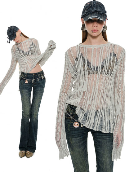 Chunky Knit Cutout Pullover – Loose Crewneck with Skinny Long Sleeves