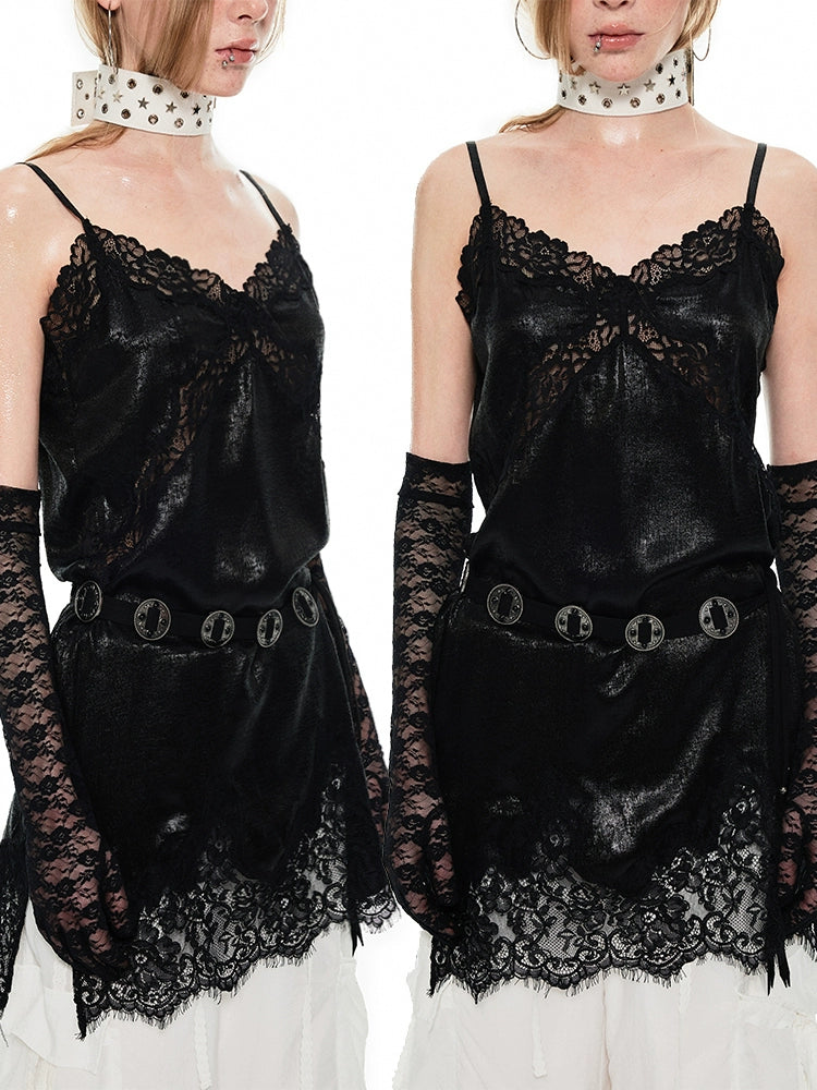 Metallic Lace Slip Dress Top – French Romantic Slim Midi Camisole