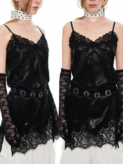 Metallic Lace Slip Dress Top – French Romantic Slim Midi Camisole