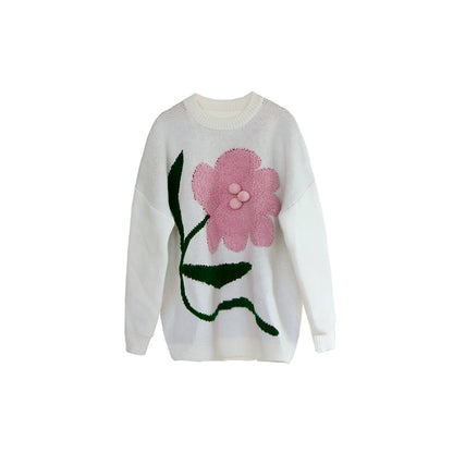 Original Design Gives You a Big Peony Art Design Towel Embroidered Wool Ball Early Autumn Sweater