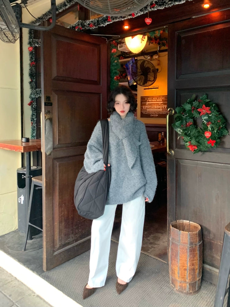 Lazy Round Neck Wool Sweater with Scarf (Exclusive Design)