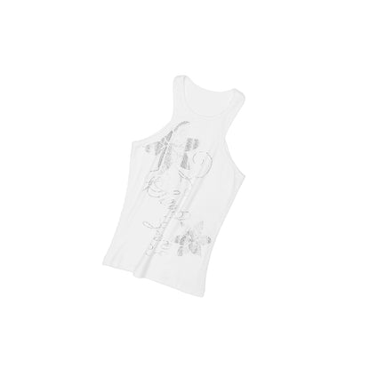 Lazy Vacation Floral Rhinestone Racer Vest – Slim Sleeveless Resort Top