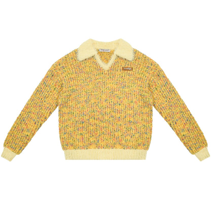 Yellow Grain Polo Sweater | Soft Wax Retro High-End Design for Autumn/Winter