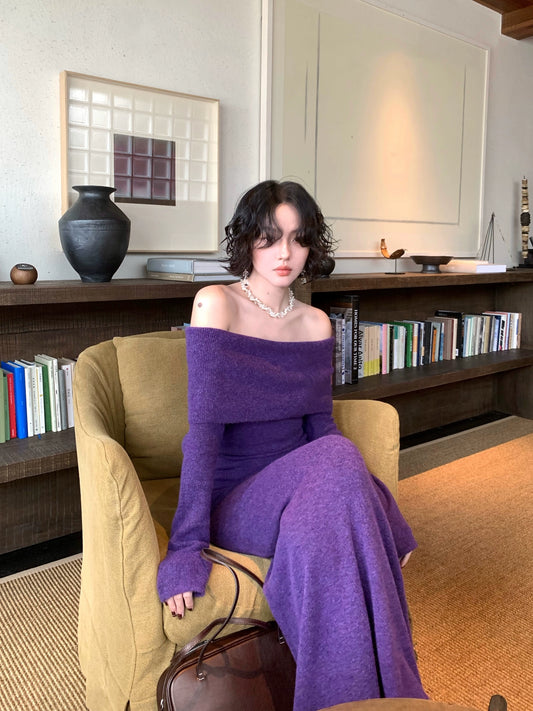 Purple Wind Chime One-Shoulder Mermaid Dress – Retro Autumn/Winter 2025