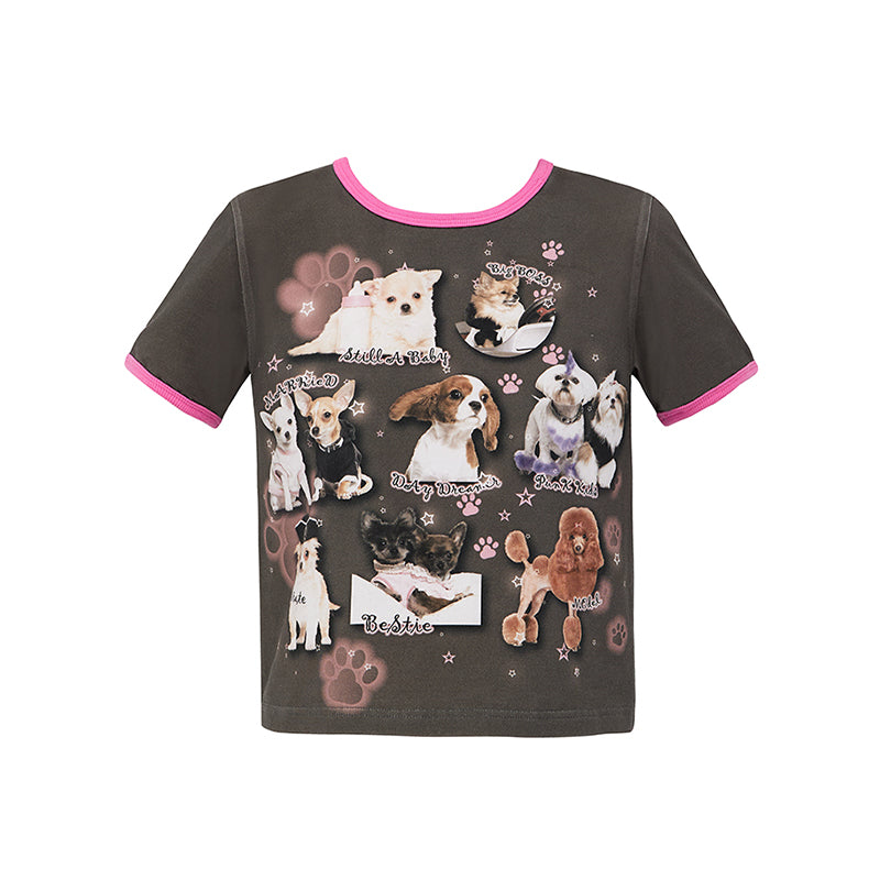 Dog Print Contrast Short Sleeve T-shirt