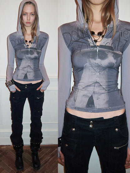 Cat & Dog Letter Print Zip Hoodie Top