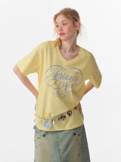 Letter Print Loose V-Neck T-shirt | Solid Color Retro Summer Top