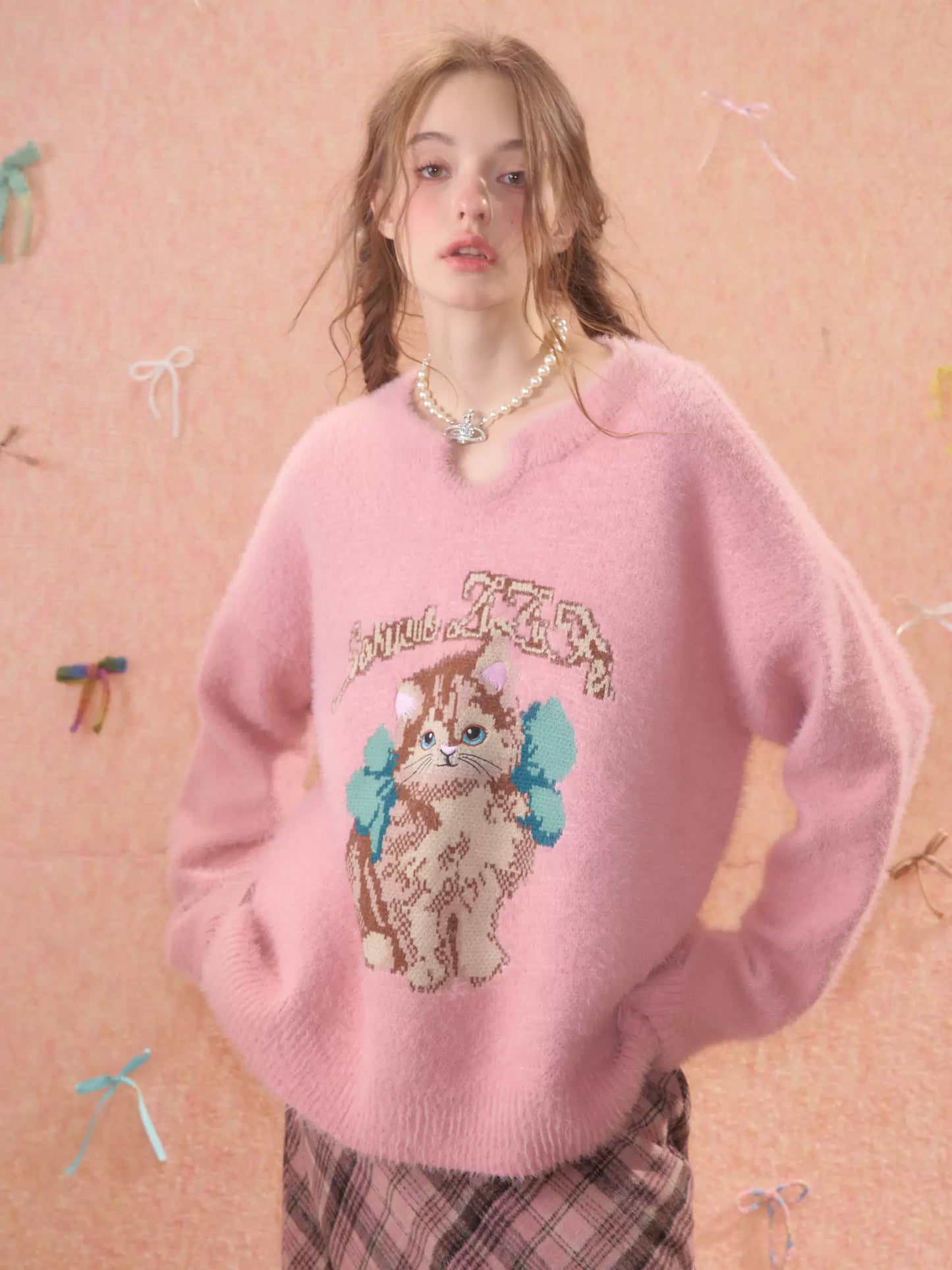 Pink Cat Sweater | Warm Soft Lazy Style for Autumn/Winter