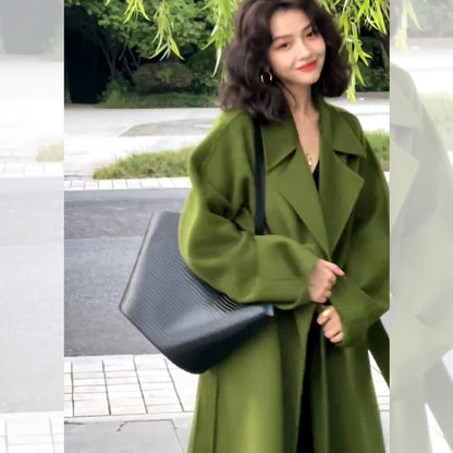 Green Reversible Cashmere Coat – Hepburn-Inspired Midi Lapel Jacket