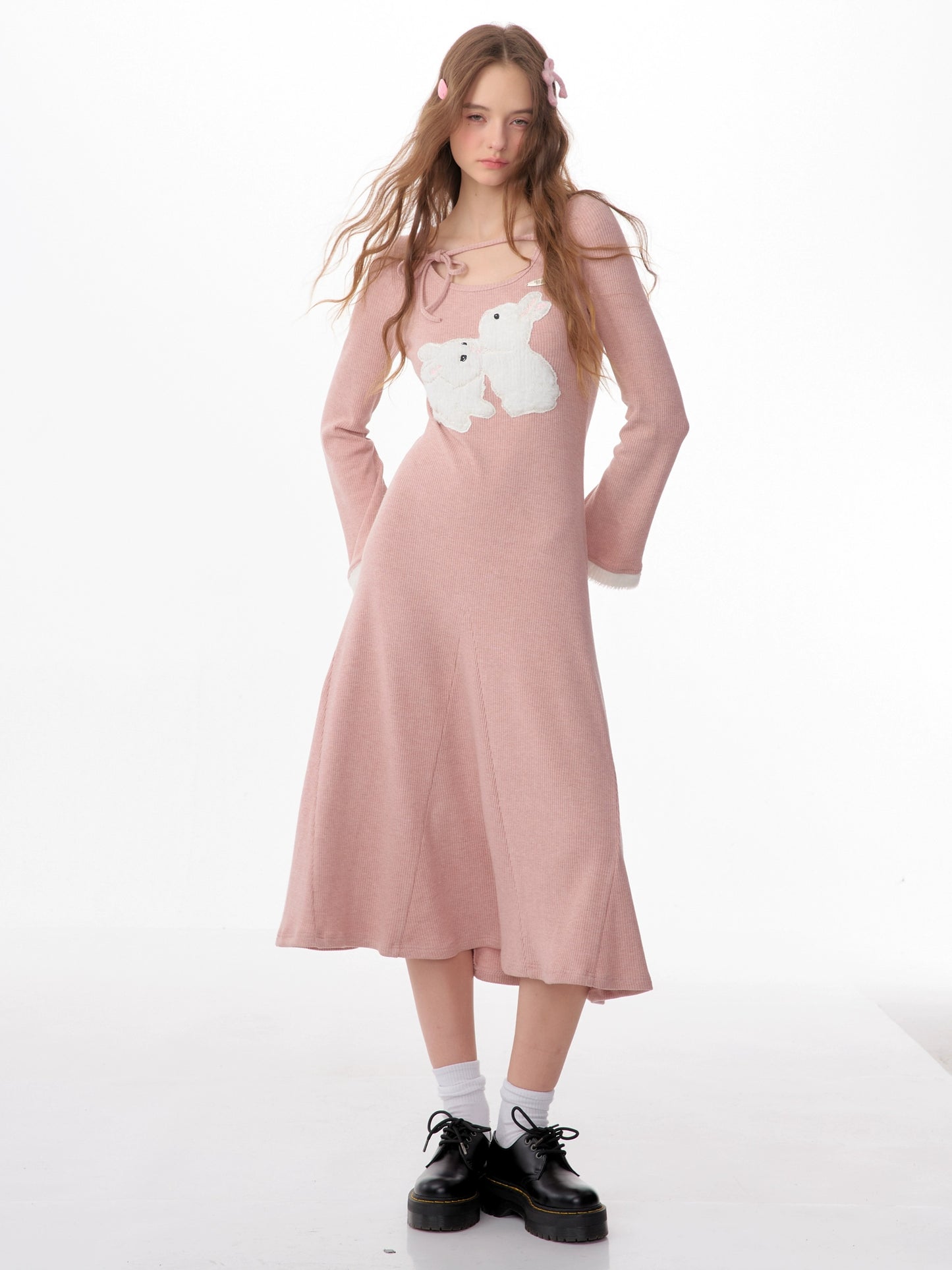 Robe en tricot de lapin en peluche | Coupe ajustée rétro à manches longues pour l'automne/hiver