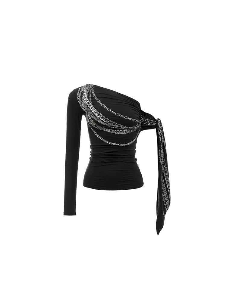 Chain Print Off-Shoulder Streamer Vest – French Style Slim Fit Tee