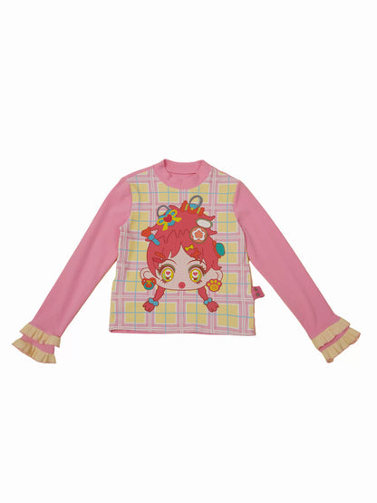 Pink Printed Long Sleeve Top | Cute Y2K Base Layer Shirt