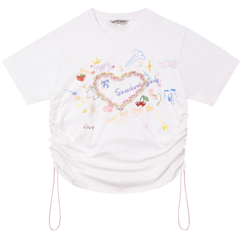 Drawstring Love Print T-shirt | Loose Summer Retro Slim Fit Design