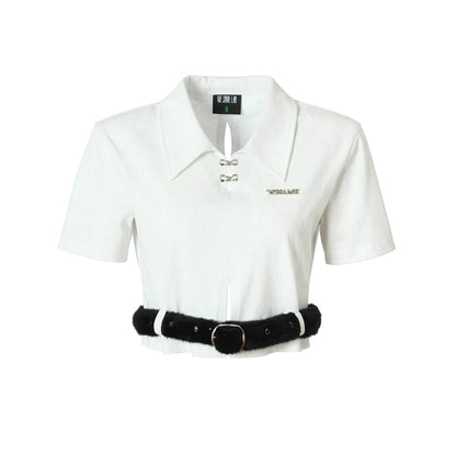 Imitation Sable Belt Shoulder Pad Hollow White Polo Short Sleeve