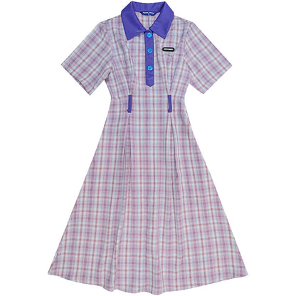 Cow Oil Green Plaid Polo Collar Dress - Retro Style