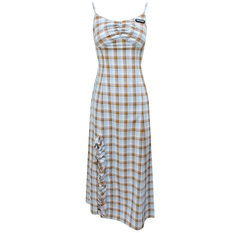 Plaid Suspender Dress | Slim Fit Split Retro Blue-Brown Plaid Design