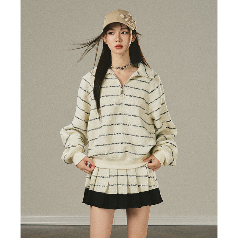 Stripe Polo Top & Pleated Skirt Set