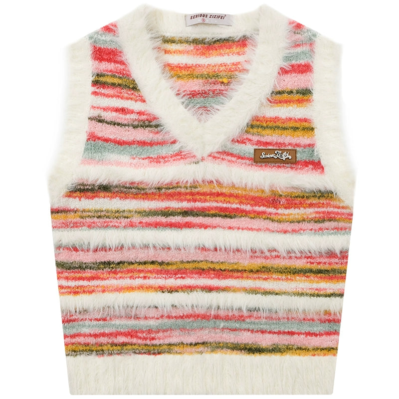 Red Striped Christmas V-neck Sweater Vest | Retro Knit for Autumn/Winter