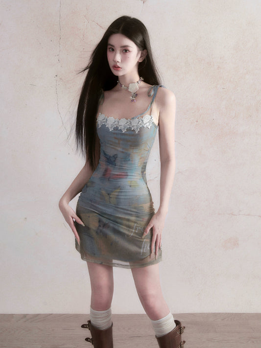 Butterfly Dream Oil Painting Print Slim Dress