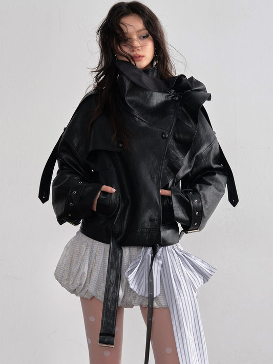 Ruffle Collar Faux Leather Jacket | Chic PU Moto Jacket