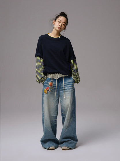 Oversized Striped Fake Two-Piece T-Shirt – Loose Contrast Long Sleeve Top