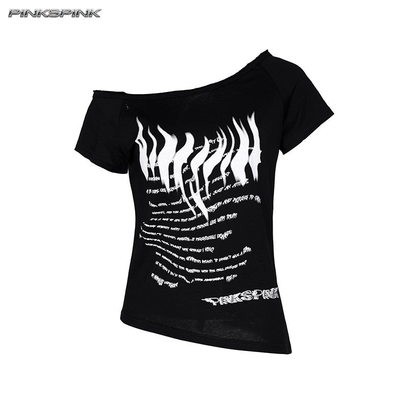 Off-Shoulder Punk Print Slim Y2K Hot Girl Tee