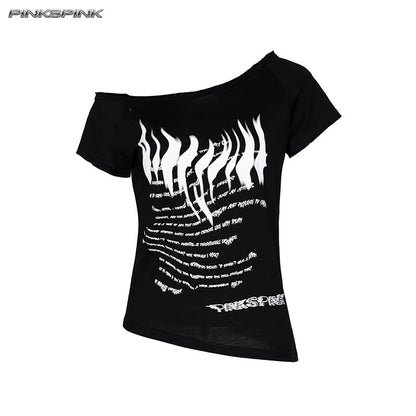 Off-Shoulder Punk Print Slim Y2K Hot Girl Tee