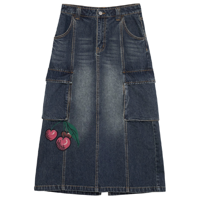 Cherry Print: Retro Medium Length Denim Skirt