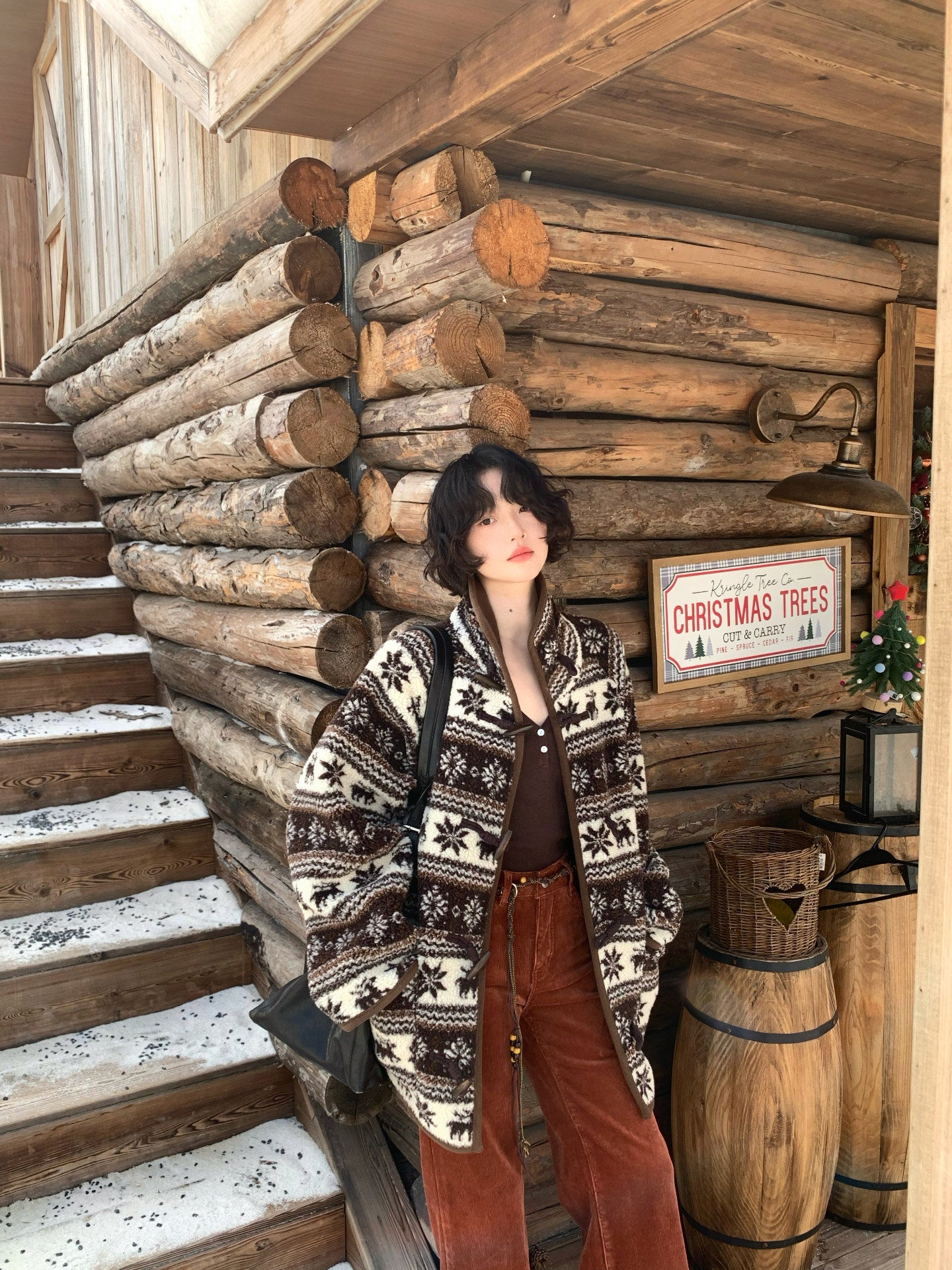 Snowy Deer Walk Christmas Faux Shearling Coat