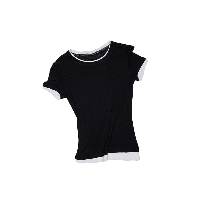 Lightweight Two-Piece Illusion Knit T-Shirt – Sheer Shoulder Short Sleeve