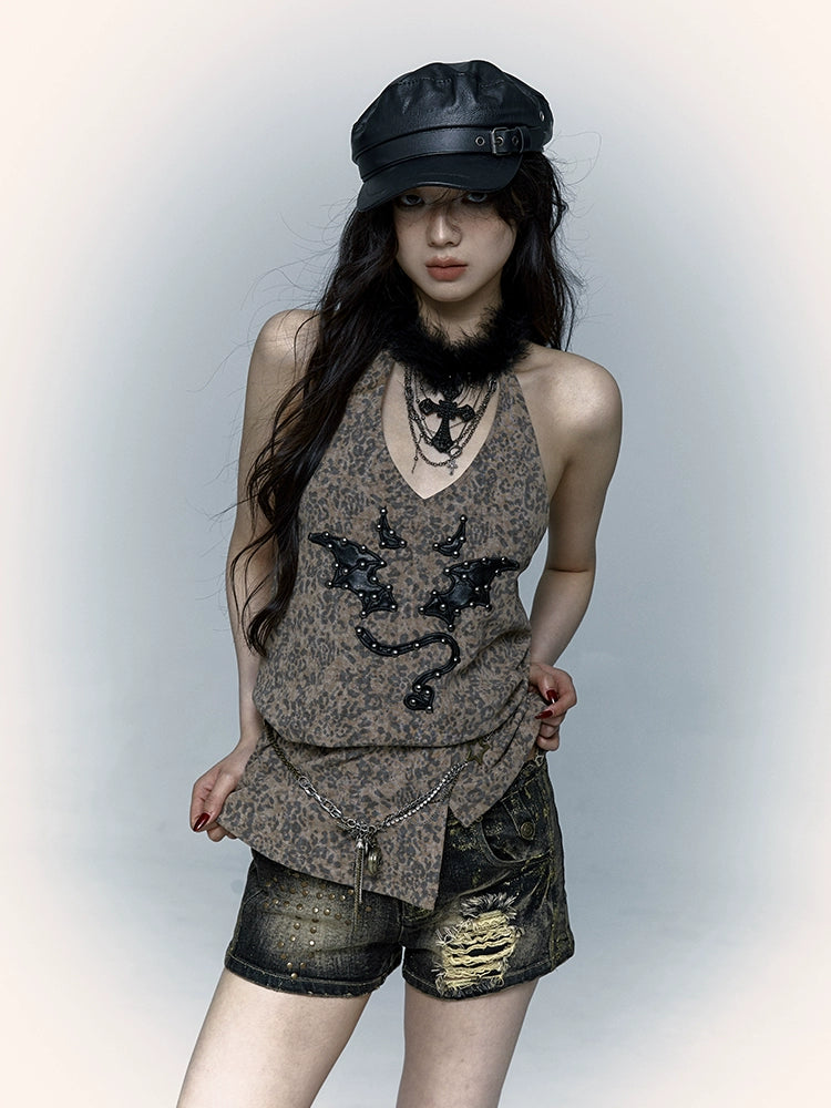 Leopard Print Rivet Halter Vest | Retro Punk Devil Embroidery Design