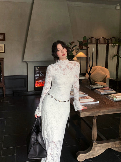 Moonlight Gauze High-Neck Elegant Lace Maxi Dress – French Retro Autumn