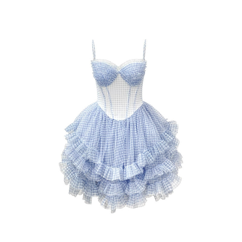 Robe de perle en dentelle à carreaux bleus