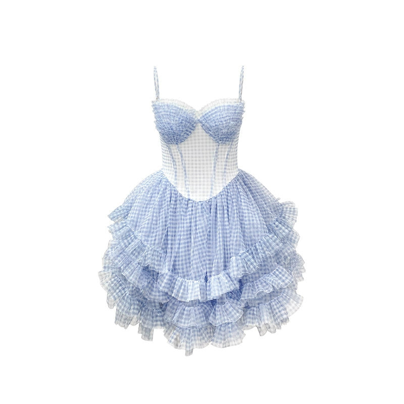Blue & White Plaid Mesh Skirt Set
