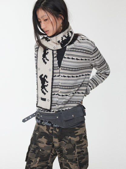 Fair Isle Pony Drawstring Knit Cardigan