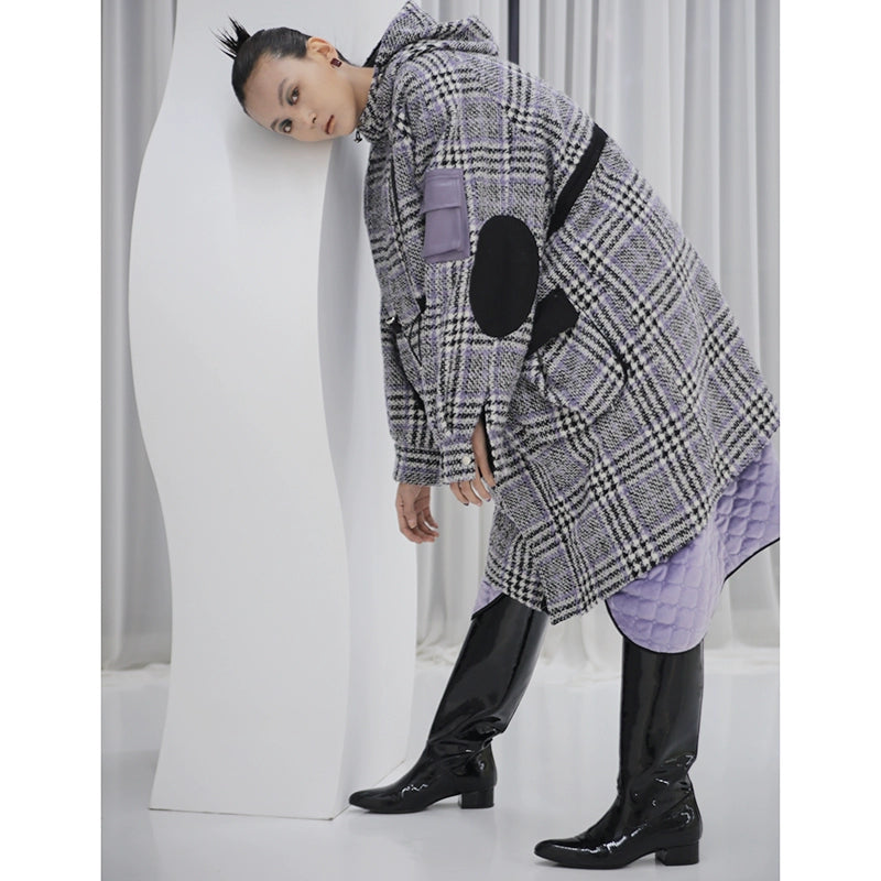 Plaid Woolen Hooded Coat with Cotton Liner D423