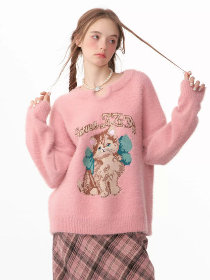 Pink Cat Sweater | Warm Soft Lazy Style for Autumn/Winter