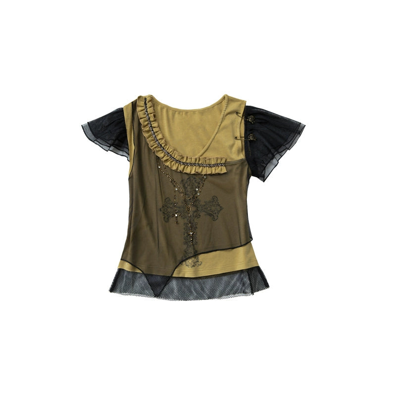 T-shirt asymétrique en strass en maille | Light Punk Rock Design